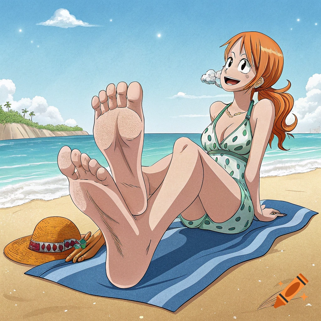 Anime illustration of Nami from One Piece relaxing on a beach towel with  her feet in the foreground on Craiyon