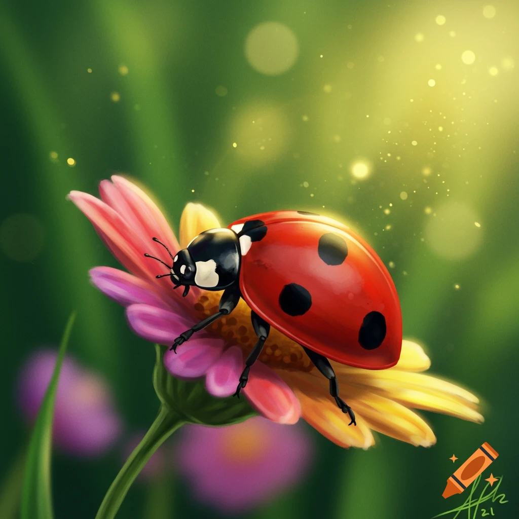 A red and black ladybug sits on a pink and yellow flower.