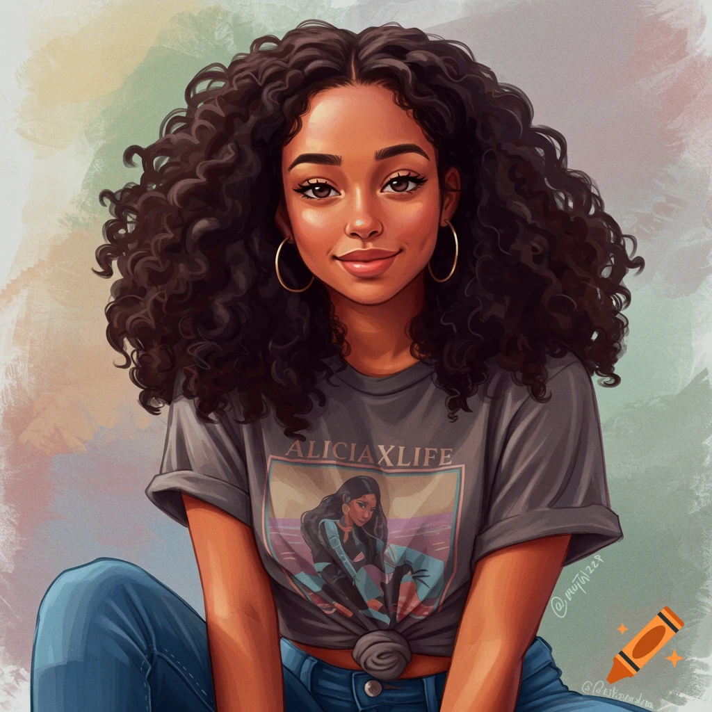 A young woman with curly hair is smiling while wearing a t-shirt with a graphic.