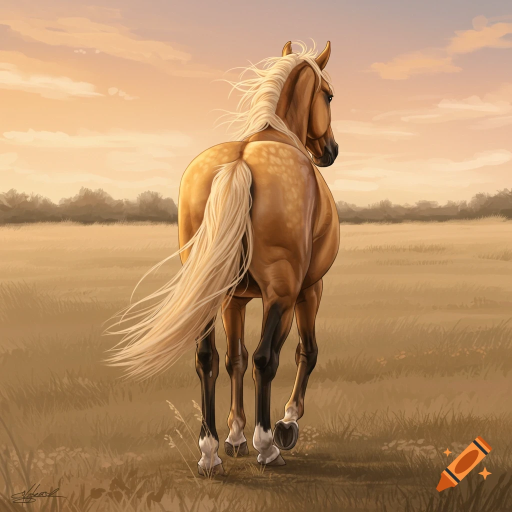 A Palomino horse walking away through a field at sunset.