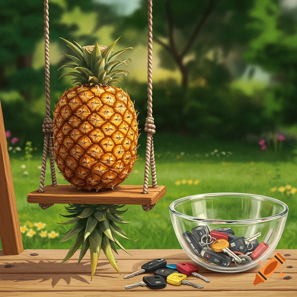 An upside down pineapple on a swing next to a bowl of car keys in a garden.