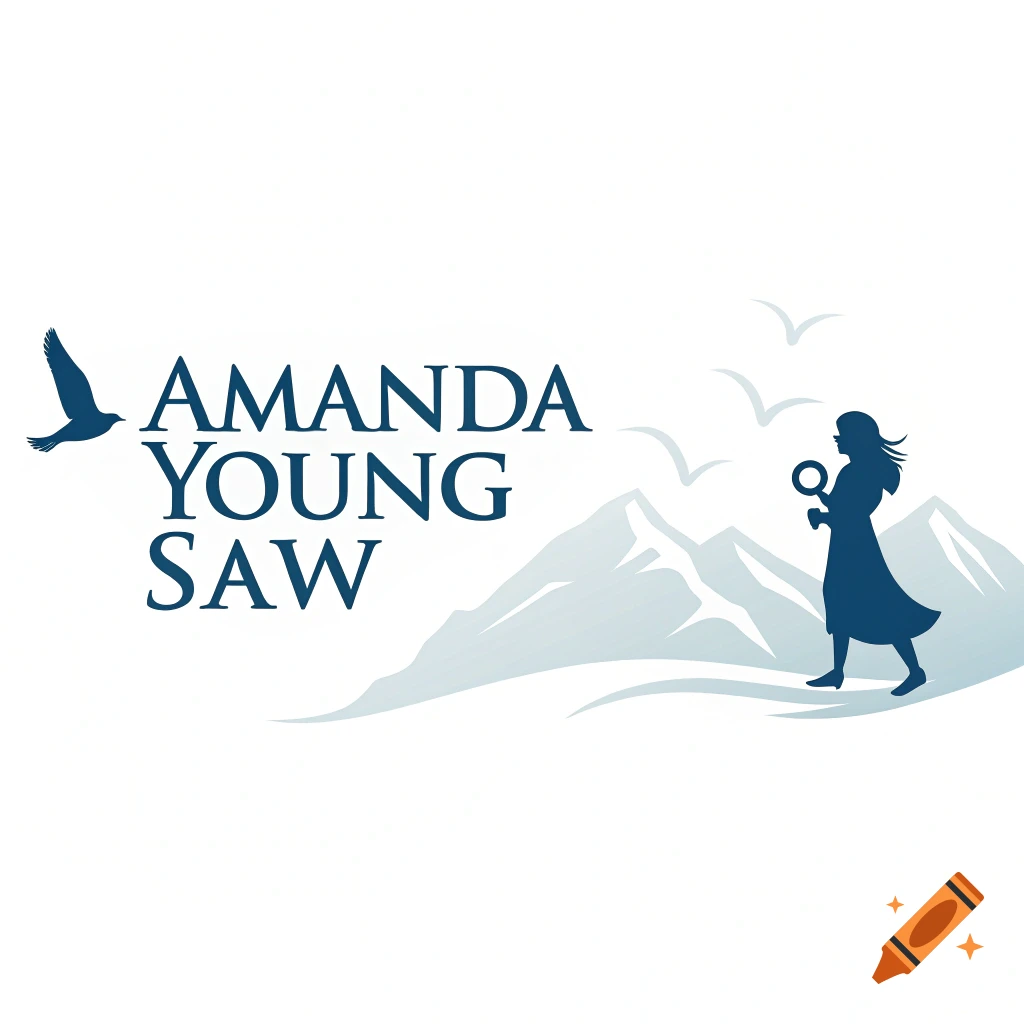 Minimalist logo with text 'AMANDA YOUNG SAW', bird, mountains, and woman silhouette