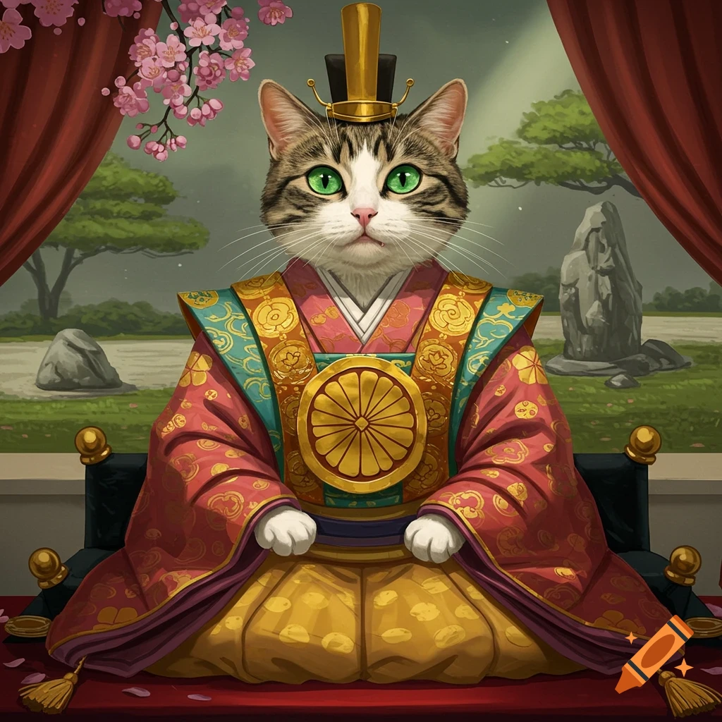 A cat in elaborate feudal Japanese emperor robes sits in a garden with cherry blossoms.