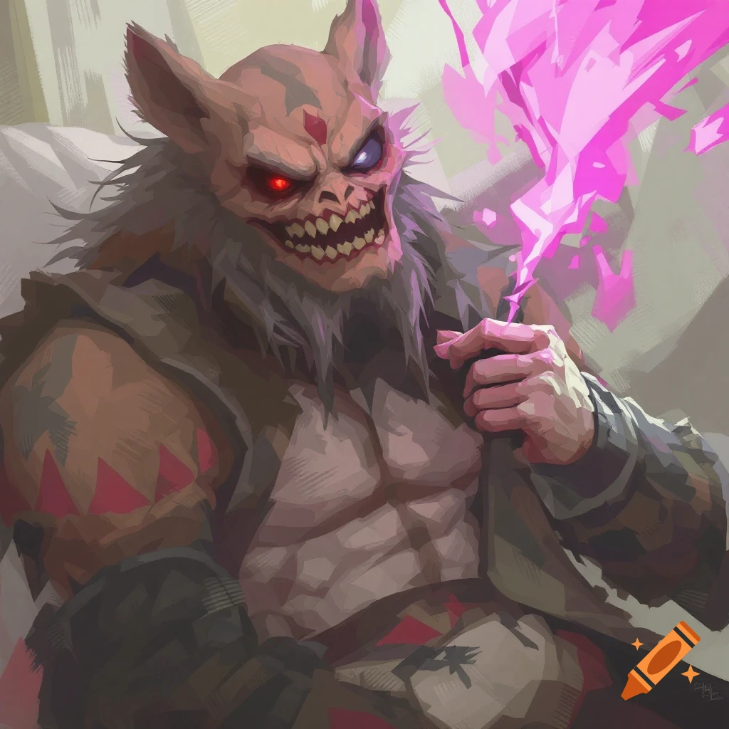 A monstrous creature with bat ears, sharp teeth, and glowing eyes, holding pink energy.