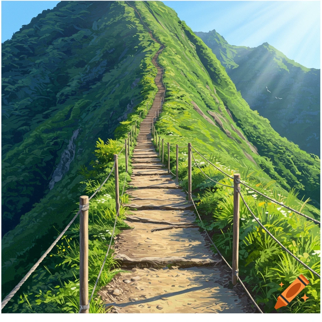 A steep trail with stairs winding up a lush green mountain, with sun rays streaming down.