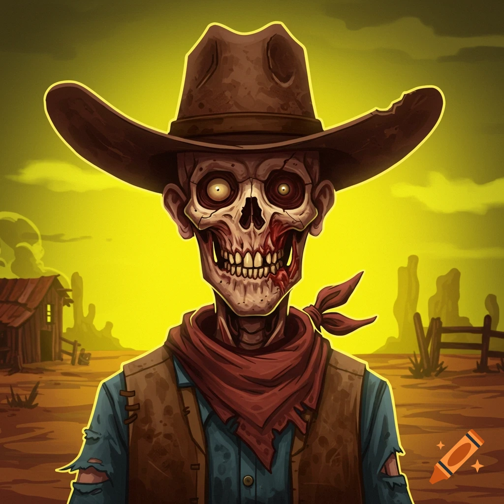 Cartoon horror drawing of a zombie cowboy in a desert scene