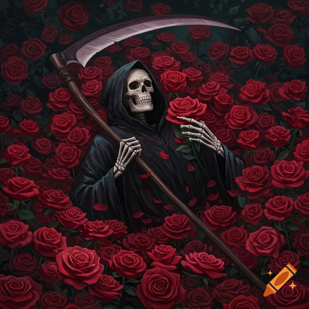 The Grim Reaper holding a rose, surrounded by red roses.