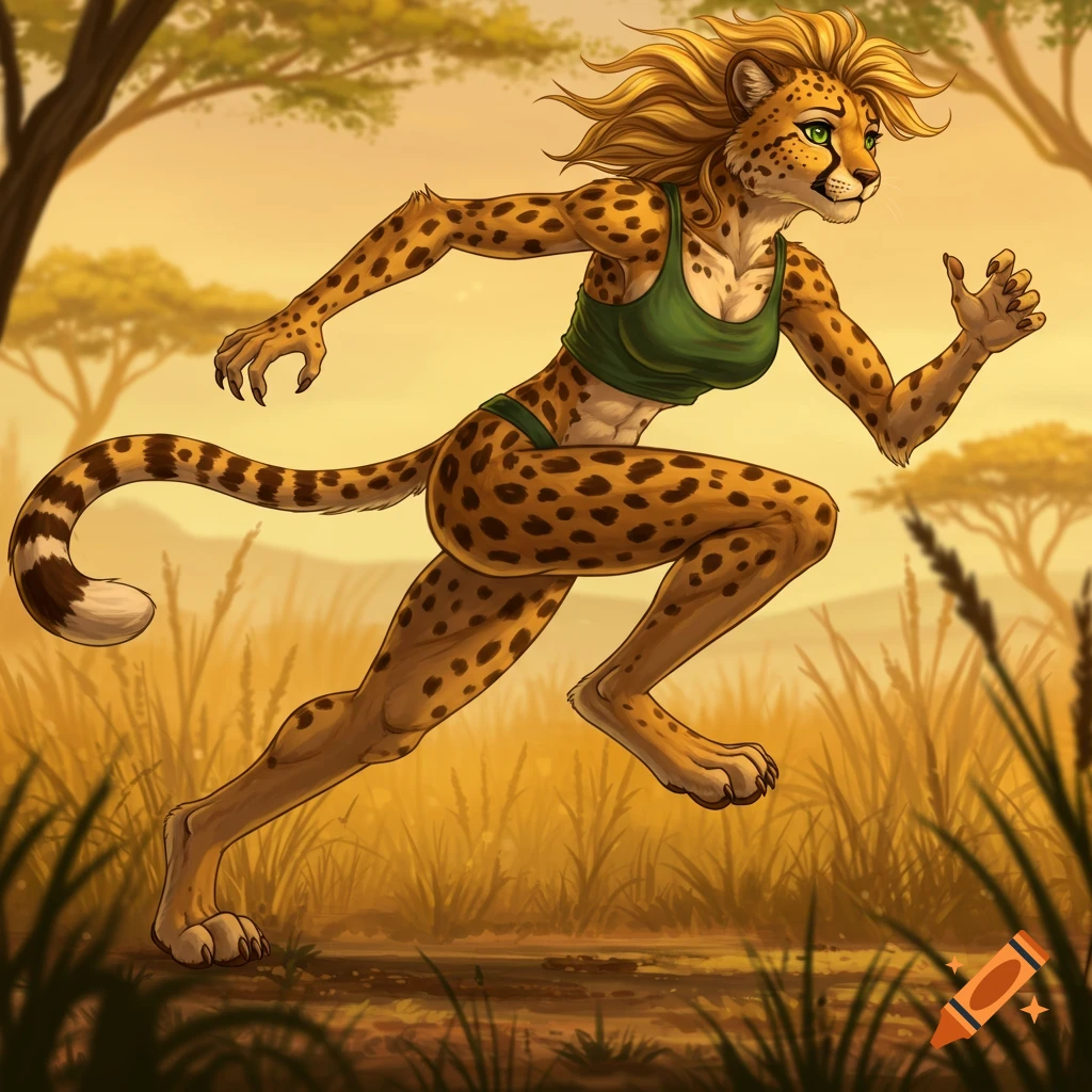 A female anthropomorphic cheetah running through a savanna.