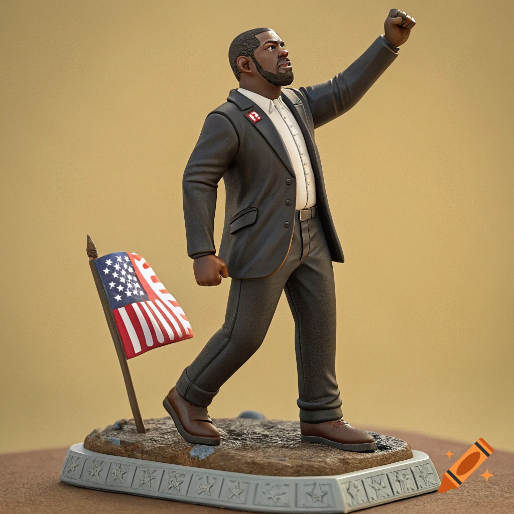 Action figure of a man resembling George Floyd raising a fist next to an American flag.