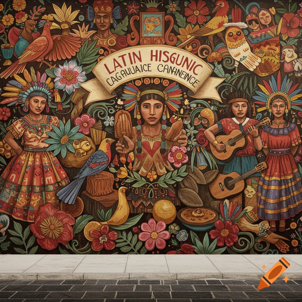 Colorful mural in Latin American folk art style with people, birds, flowers, and cultural items.