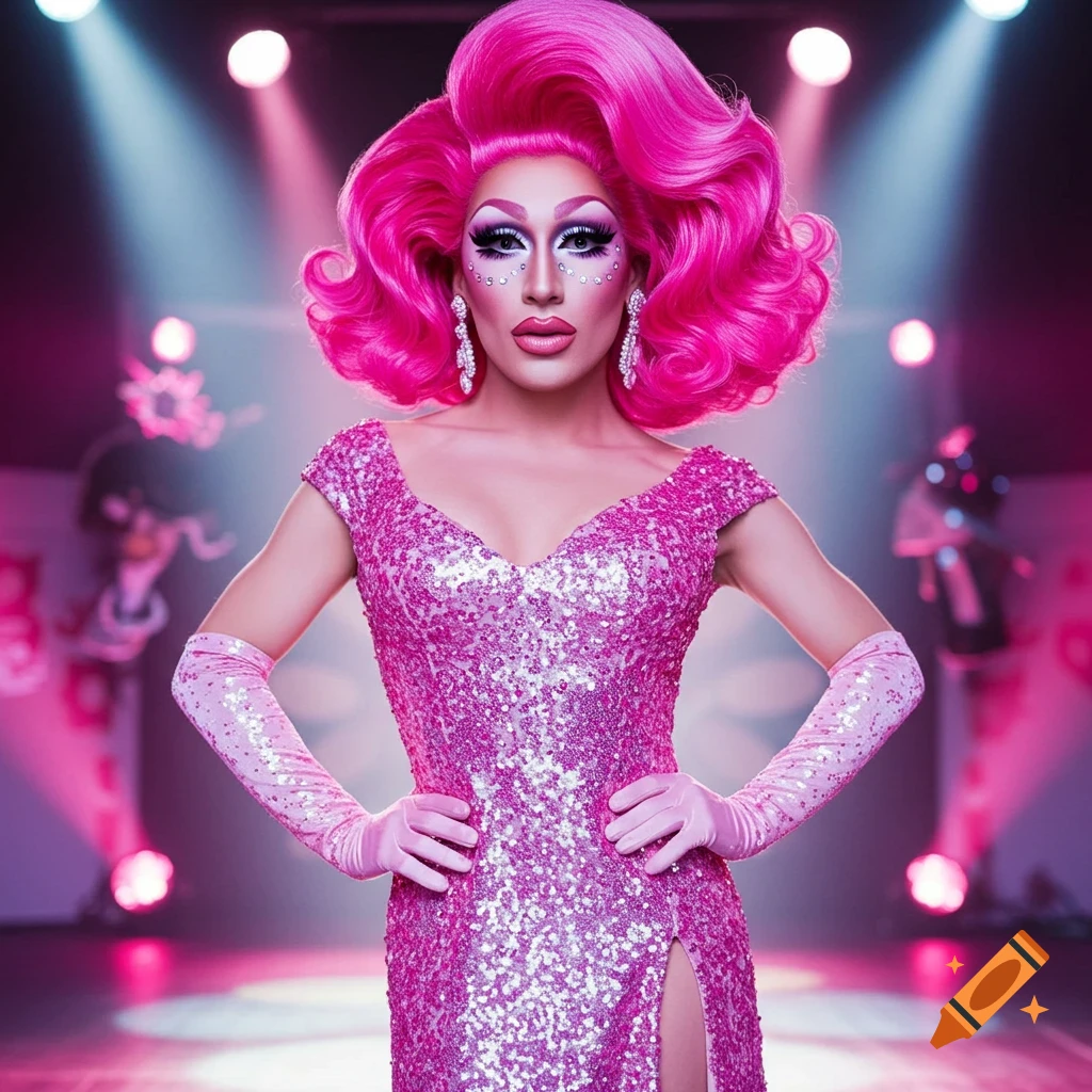 A person in vibrant pink drag makeup and hair, wearing a pink sequined dress and gloves, posing on a stage.