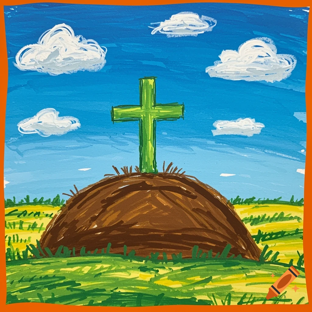 A childlike drawing of a green cross on a brown hill under a blue sky with clouds, framed by an orange border.