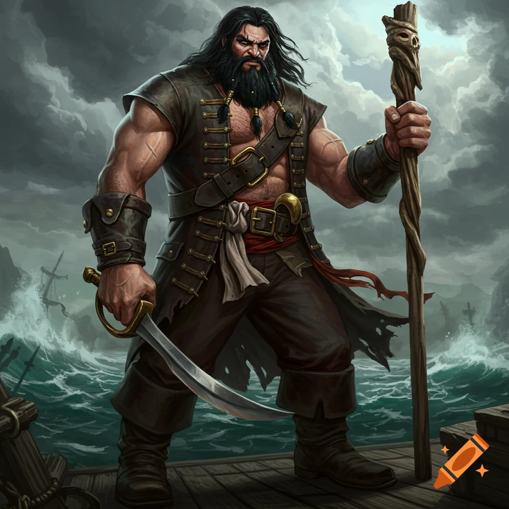 A muscular pirate with long hair and beard is holding a sword and staff on a stormy ship deck.