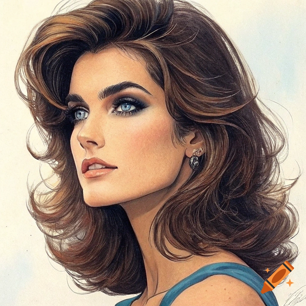 Close-up illustrated portrait of a woman with brown hair and blue eyes looking up.