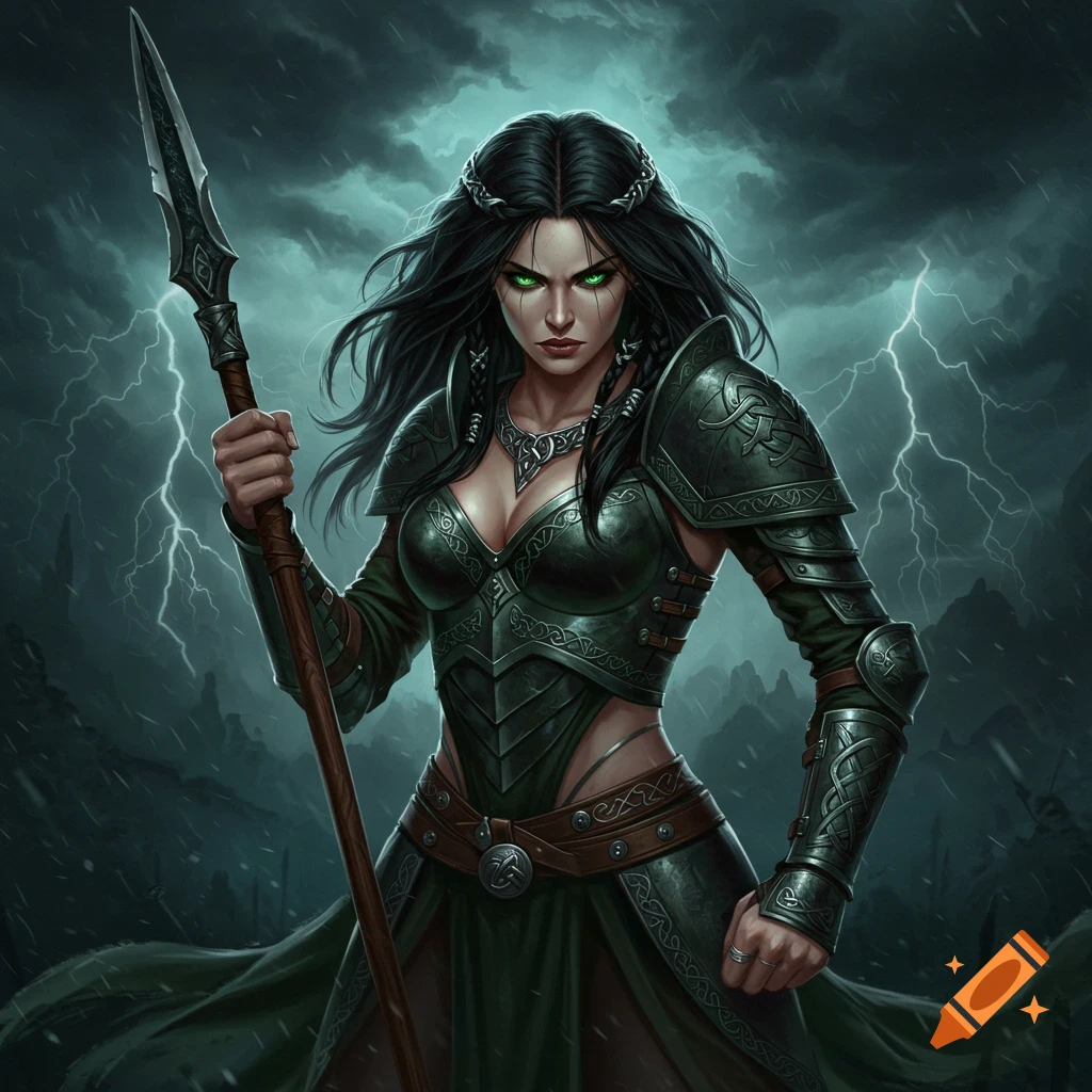 A dark-haired warrior goddess with glowing green eyes, holding a spear in a stormy landscape.