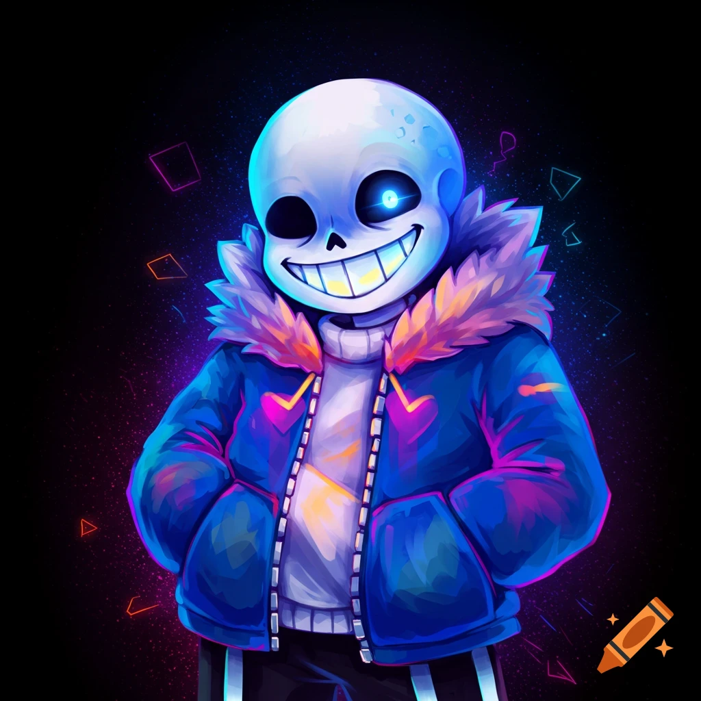 A skeleton character in a blue jacket smiling with a glowing eye, surrounded by neon shapes.