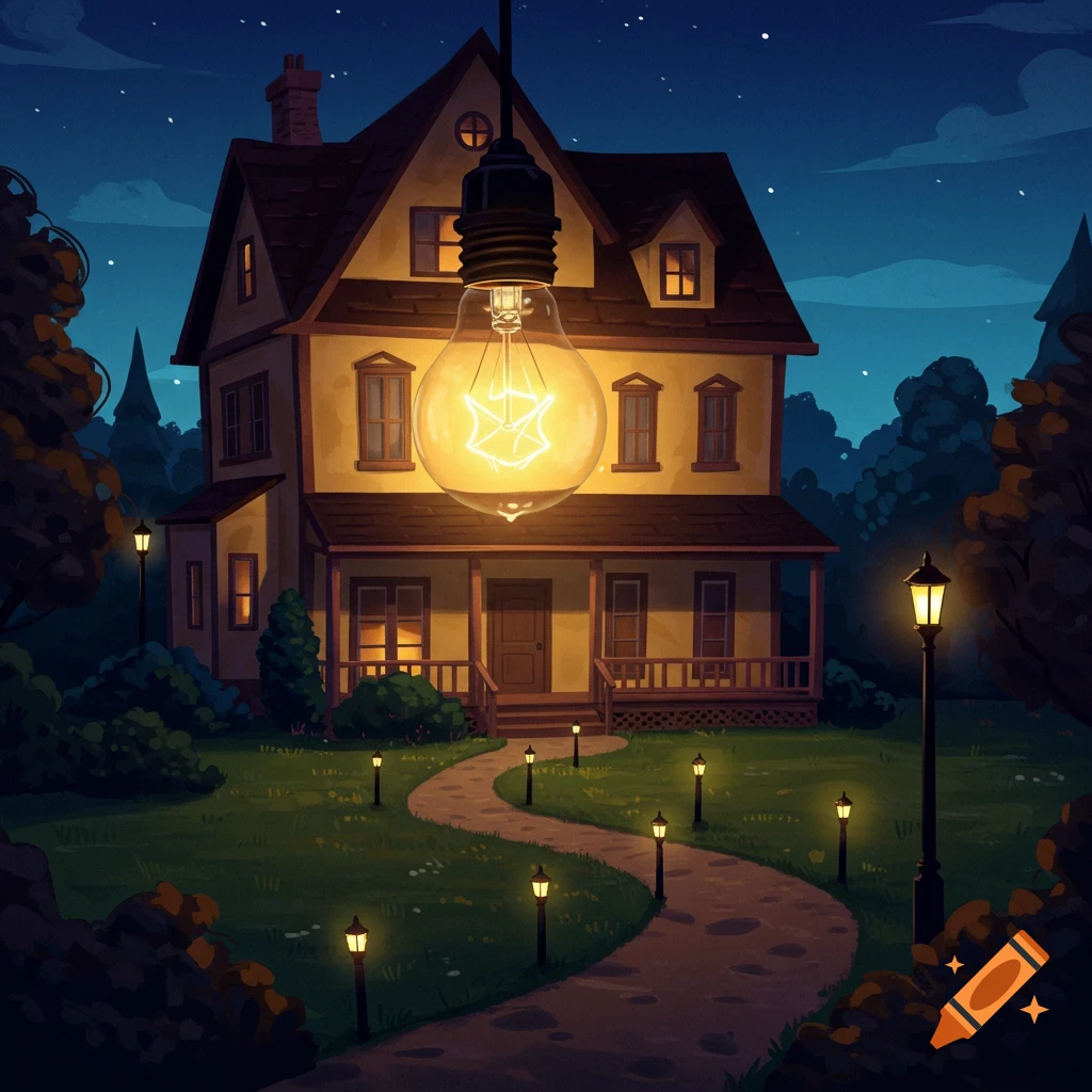 A house at night with a large light bulb and lighted path.