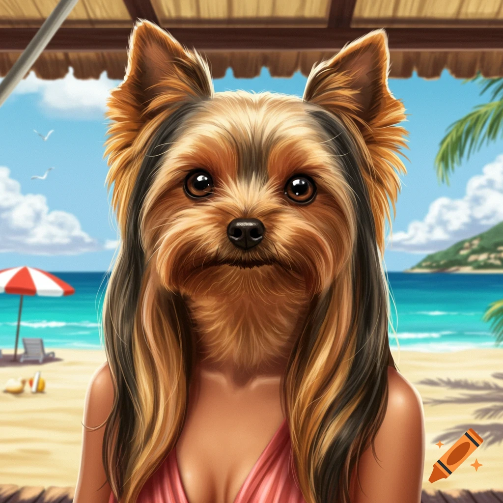 A Yorkshire Terrier head on a human-like body in a dress on a beach.