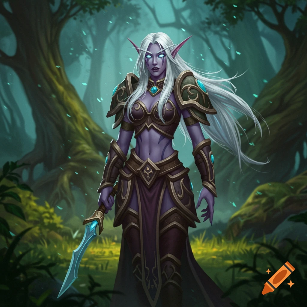 A purple-skinned female elf in armor holding a sword in a forest.