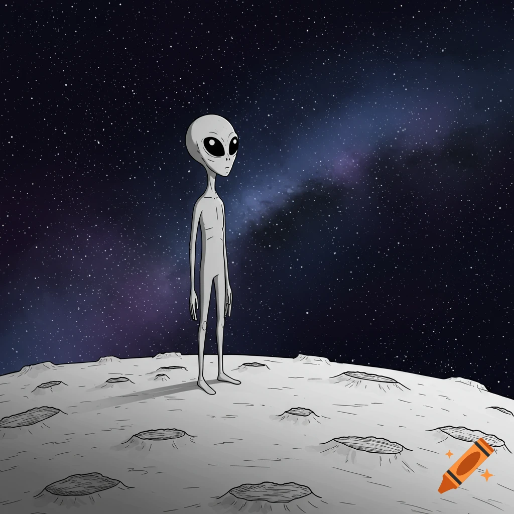 A minimalistic line art illustration of a grey alien standing on a moon surface looking at the stars and galaxy.