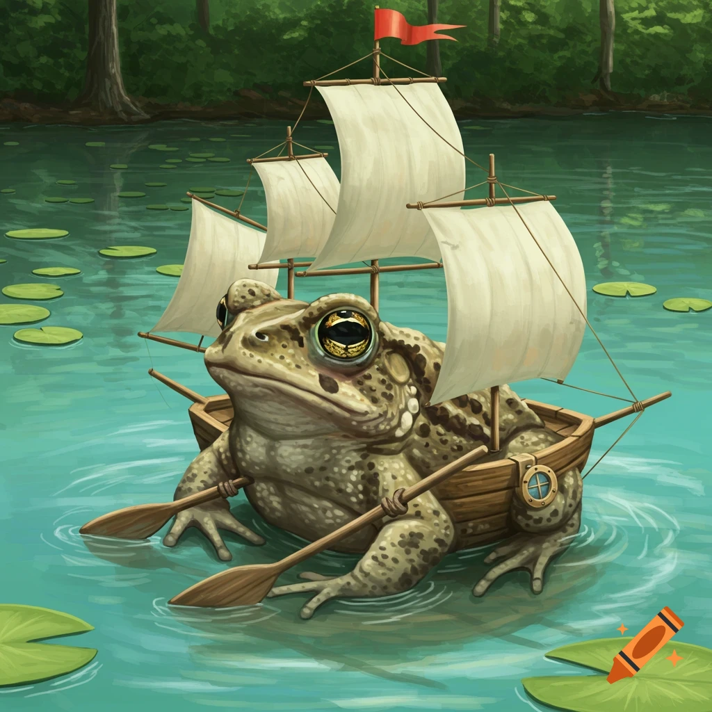 A large toad sits in a small sailboat with two sails and two oars, floating on water with lily pads.
