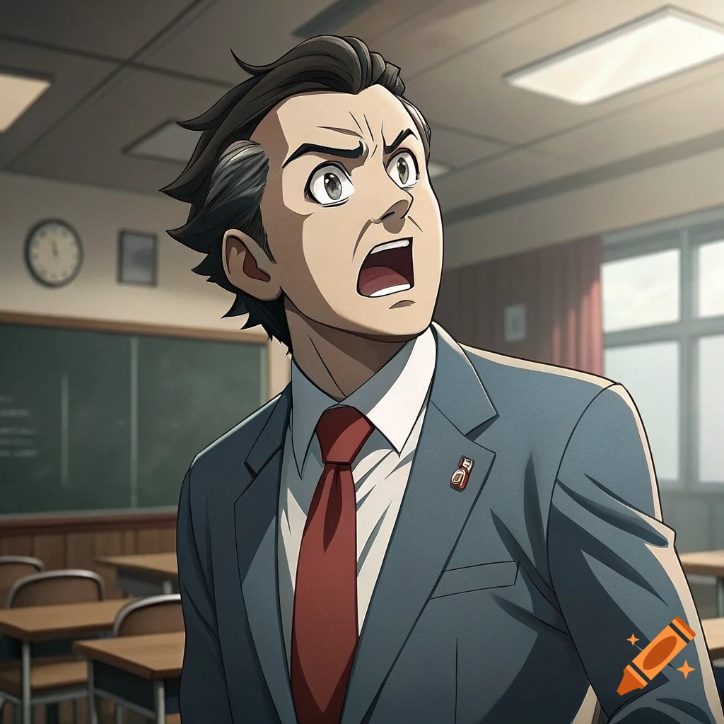 An anime-style illustration of a man in a suit looking surprised in a classroom.