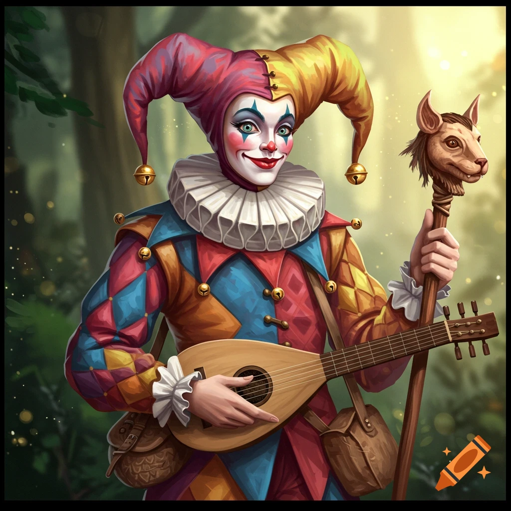 A jester in a colorful costume playing a lute in a forest.