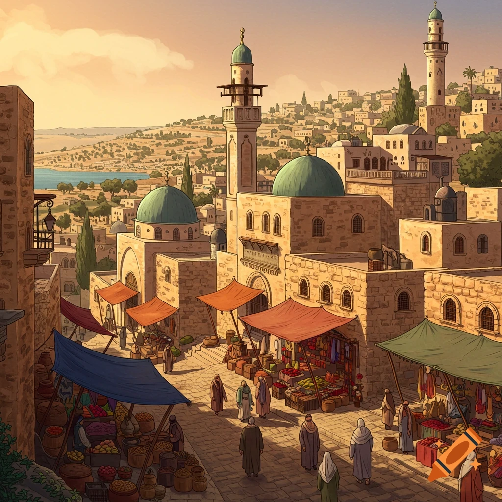 A bustling marketplace in an old Middle Eastern town with stone buildings, domes, and minarets.
