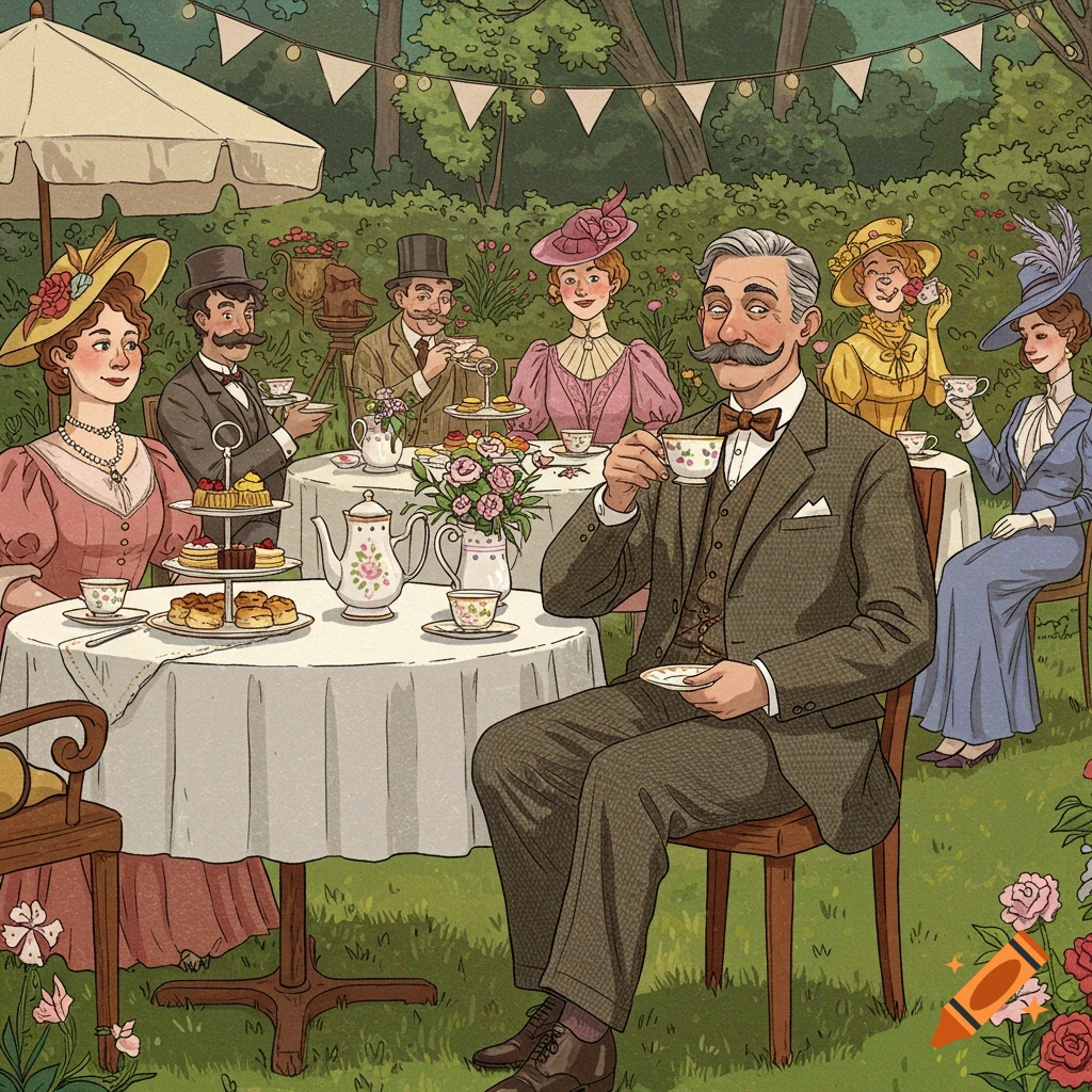 An illustration of people dressed in historical clothing having a tea party in a garden.