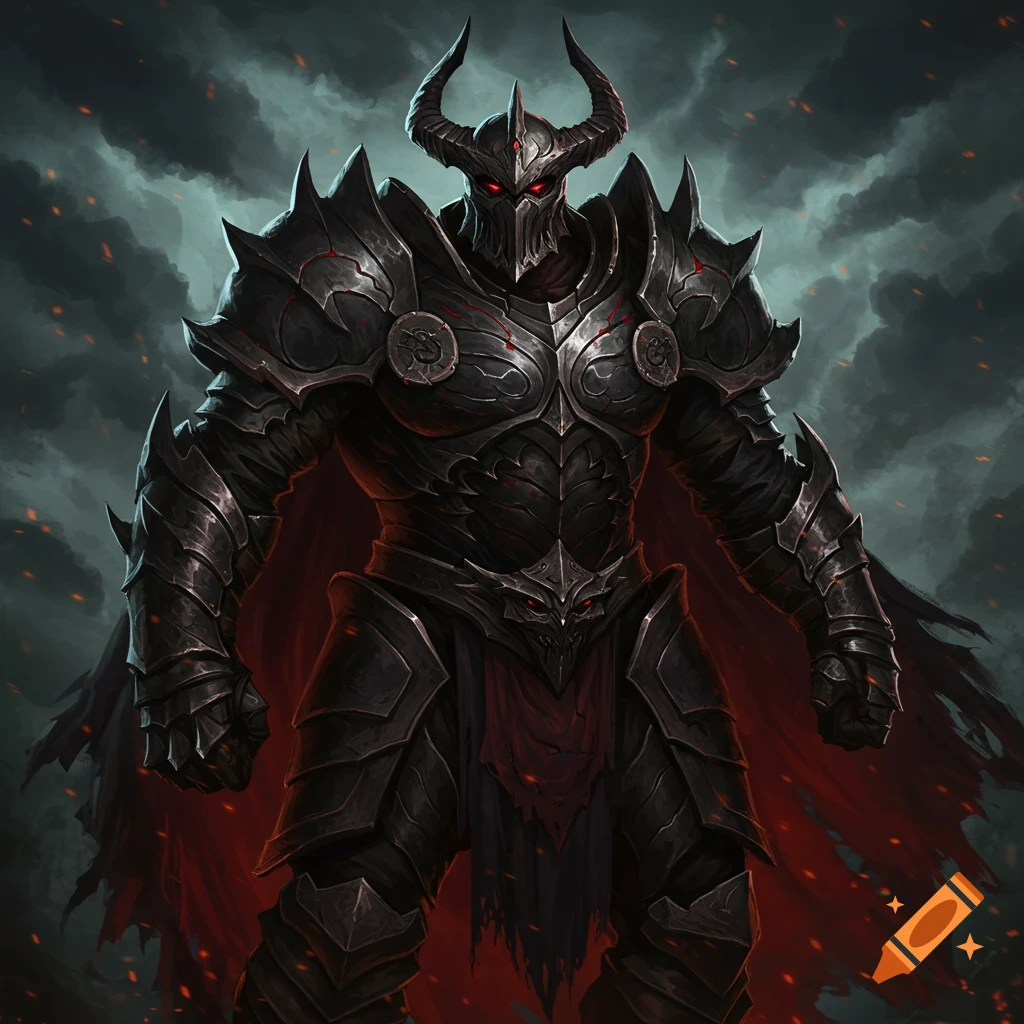 A dark fantasy character in menacing black horned armor with glowing red eyes and a tattered red cape against a stormy sky with embers.