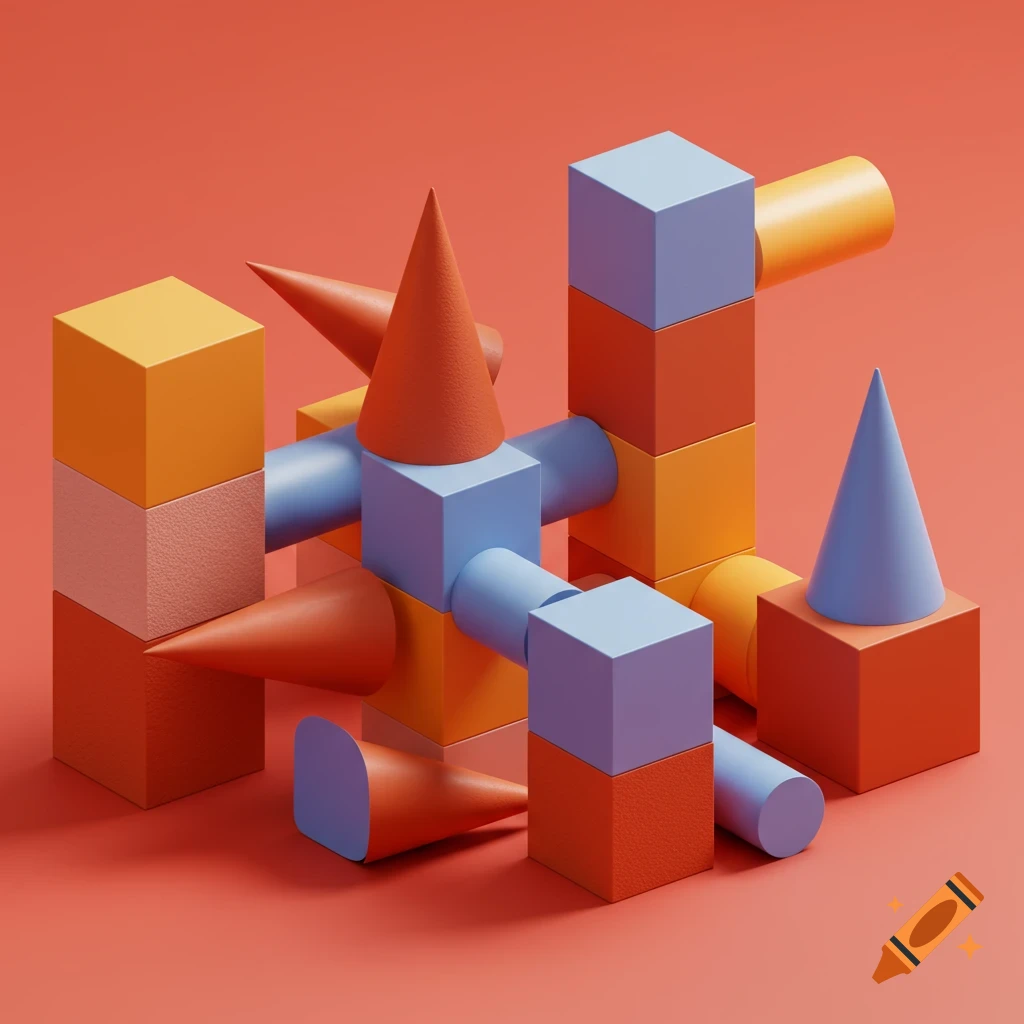 A structure of colorful 3D geometric shapes, including orange, blue, and yellow cubes, cones, and cylinders, against a red background.