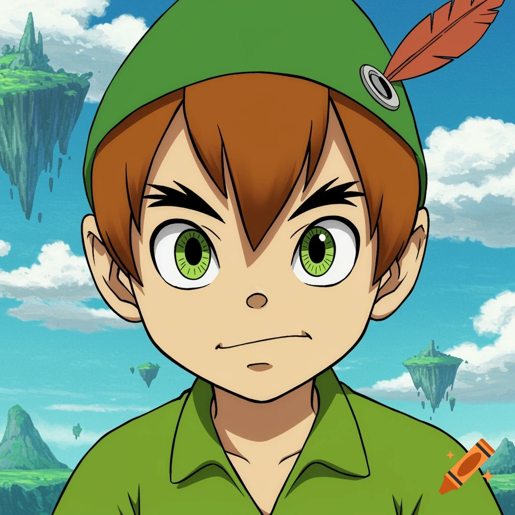Anime-style portrait of a boy in a green hat with a feather, set against a background of floating islands.