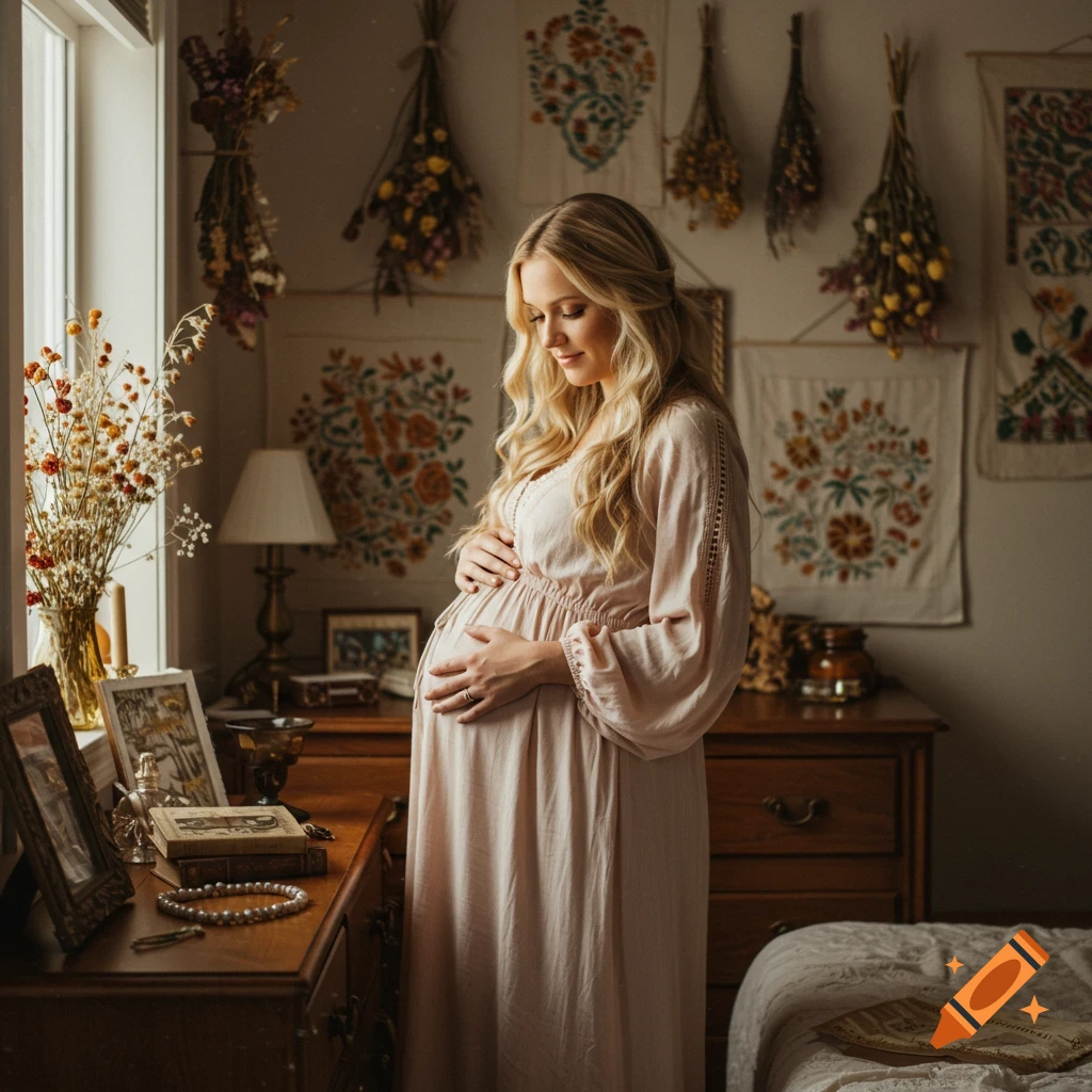 A pregnant woman in a pink dress holds her belly in an earthy, cottagecore room.