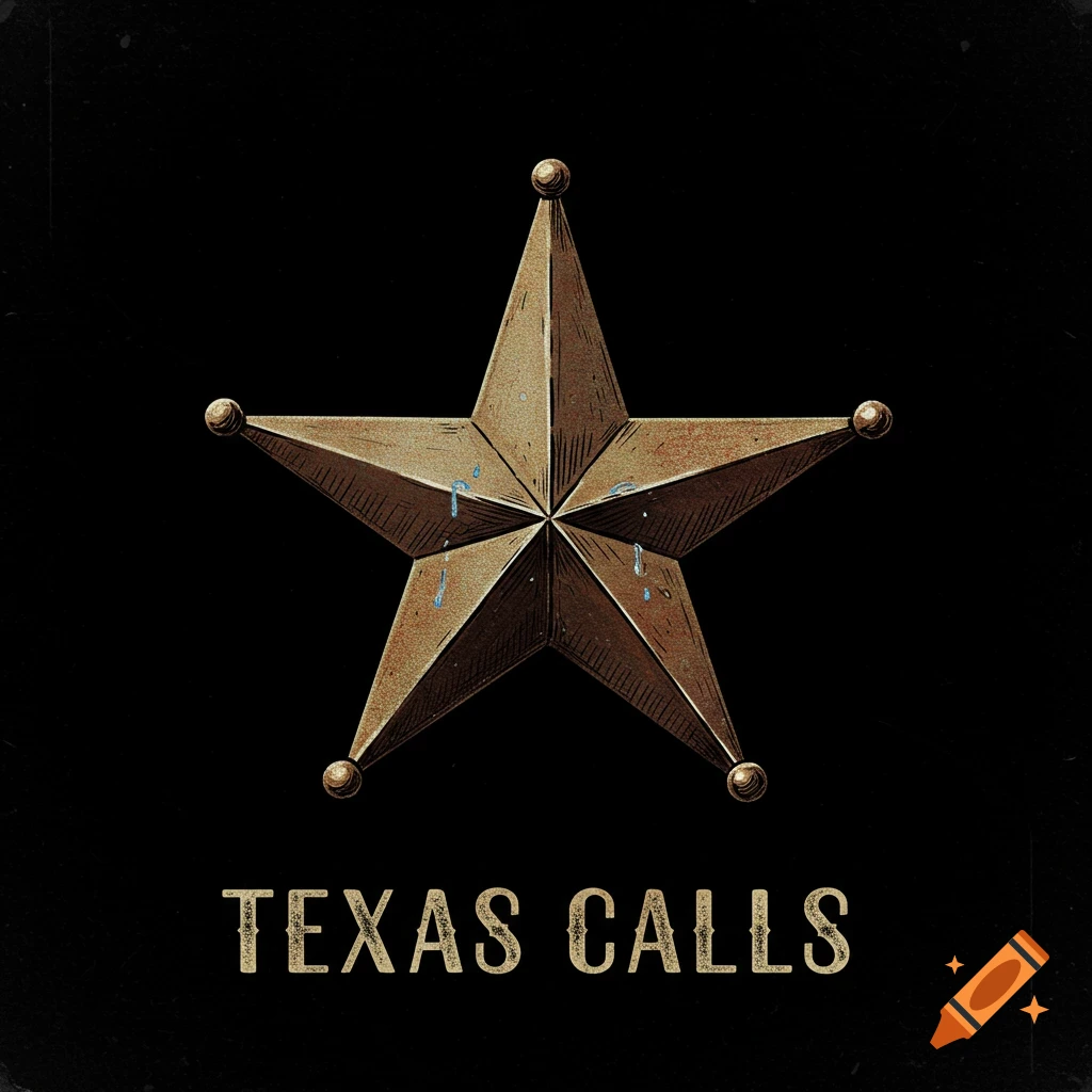 Illustration of a bronze sheriff star crying on a black background with the text 'TEXAS CALLS'