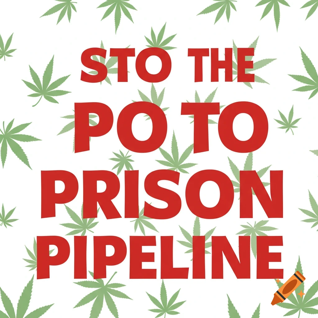 Red text 'STOP THE POT TO PRISON PIPELINE' on a white background with scattered marijuana leaves.