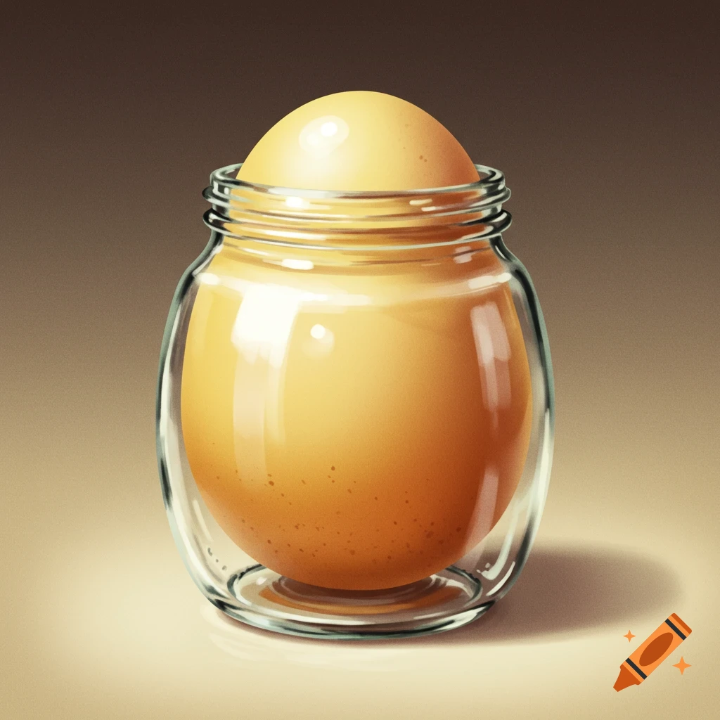 An egg inside a glass jar.