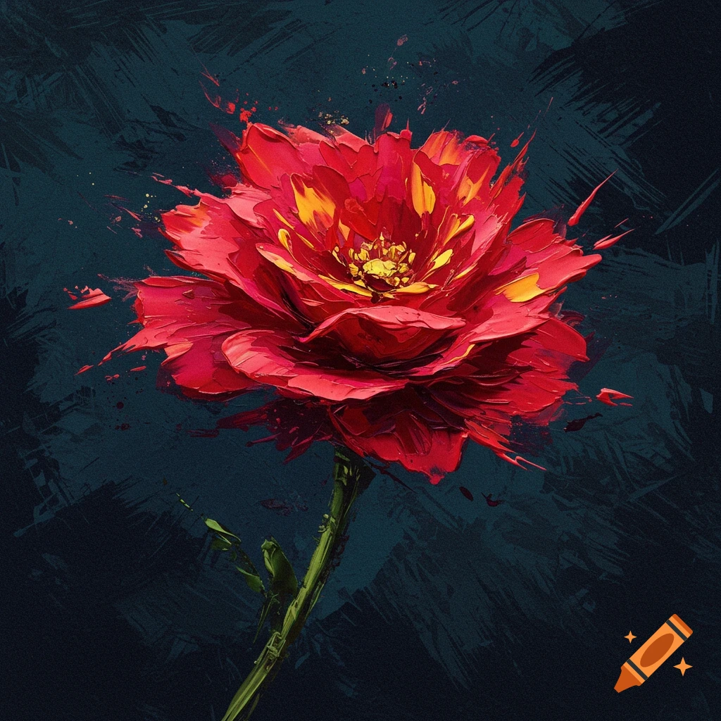 A single red flower painted with heavy impasto strokes on a dark background.