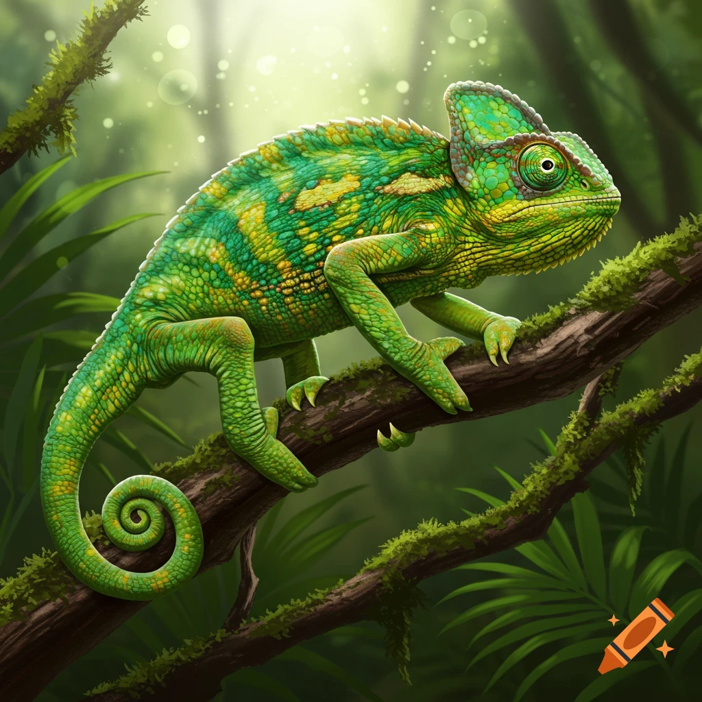A vibrant green and yellow chameleon grips a mossy branch in a lush forest.