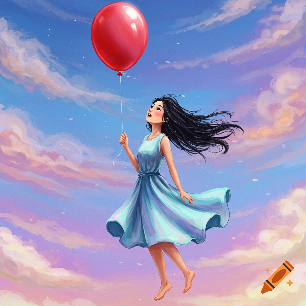 a girl floating in the sky holding a red balloon.