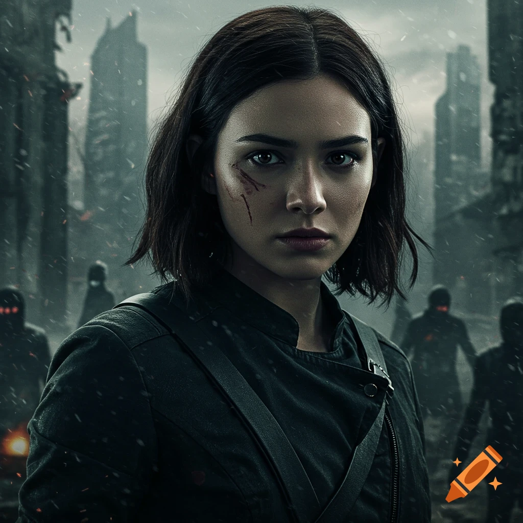 Portrait of a woman with scars in a dystopian city landscape with figures in the background.
