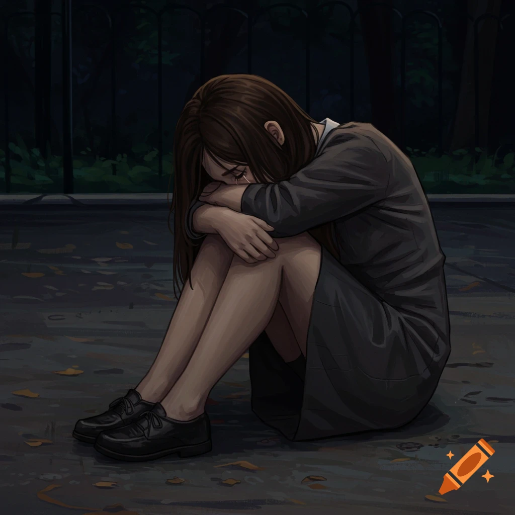 A girl is sitting on the ground, hunched over and crying, with fallen leaves around her feet.
