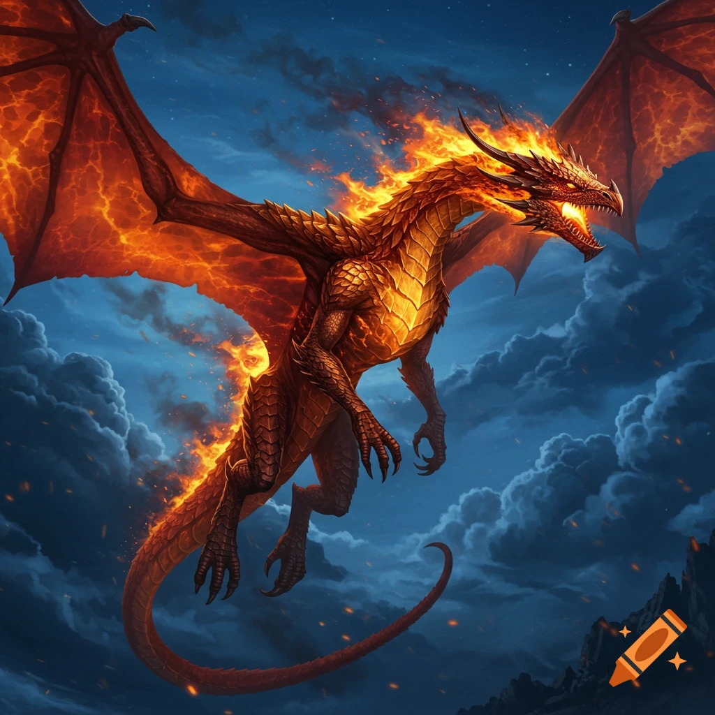 A fire dragon flies through a cloudy night sky.