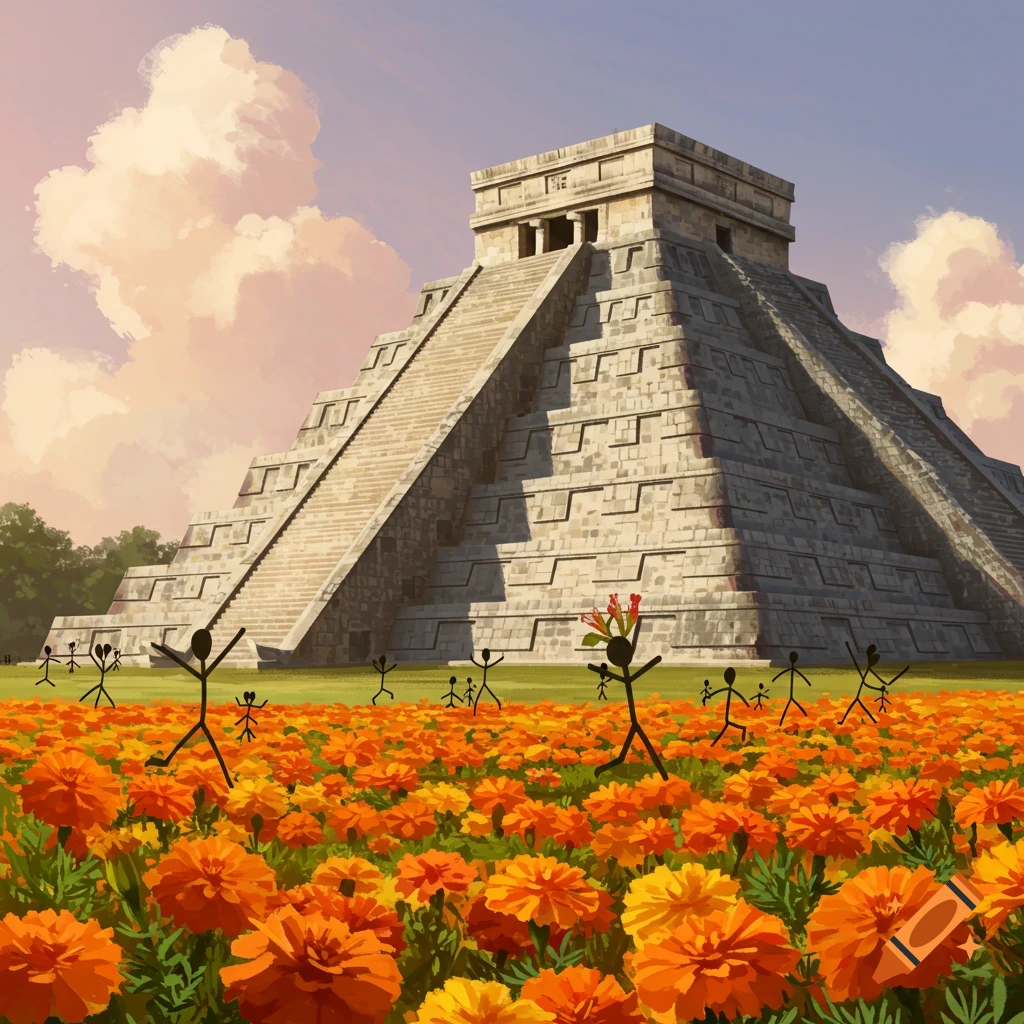 Chichen Itza with stick figures jumping in a field of orange marigolds.