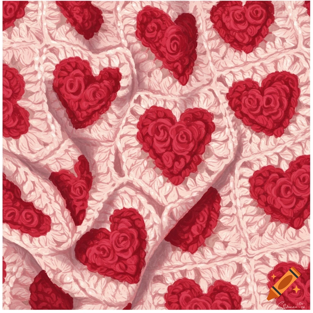 A light pink crocheted blanket with red heart shapes
