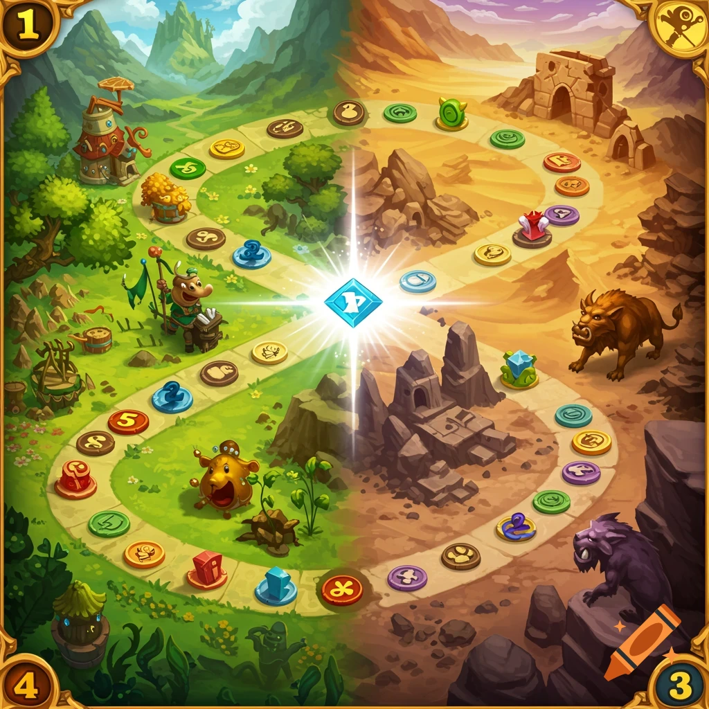 Fantasy board game with two paths through green and desert landscapes.