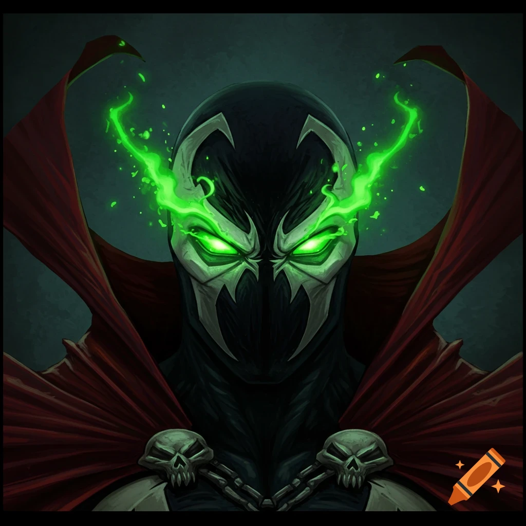 Close up of Spawn's face with green glowing eyes, red cape, and skull chains.