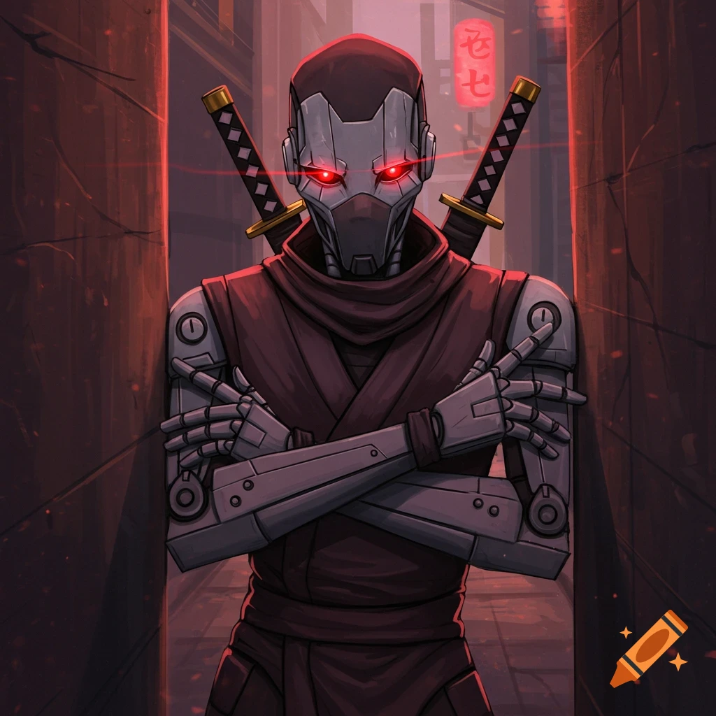 A robot ninja with glowing red eyes and swords on its back, leaning against a wall in an alley.