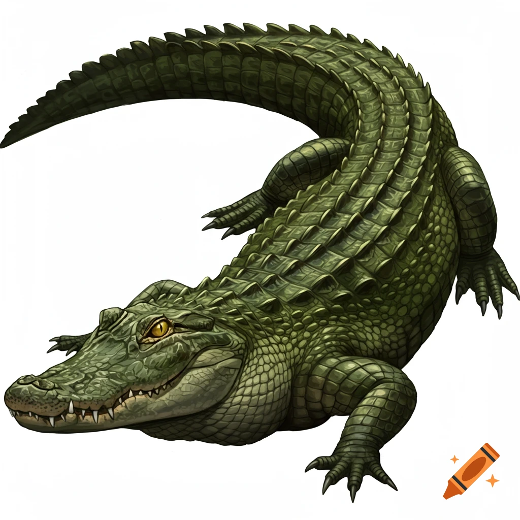 A large green alligator on a white background.
