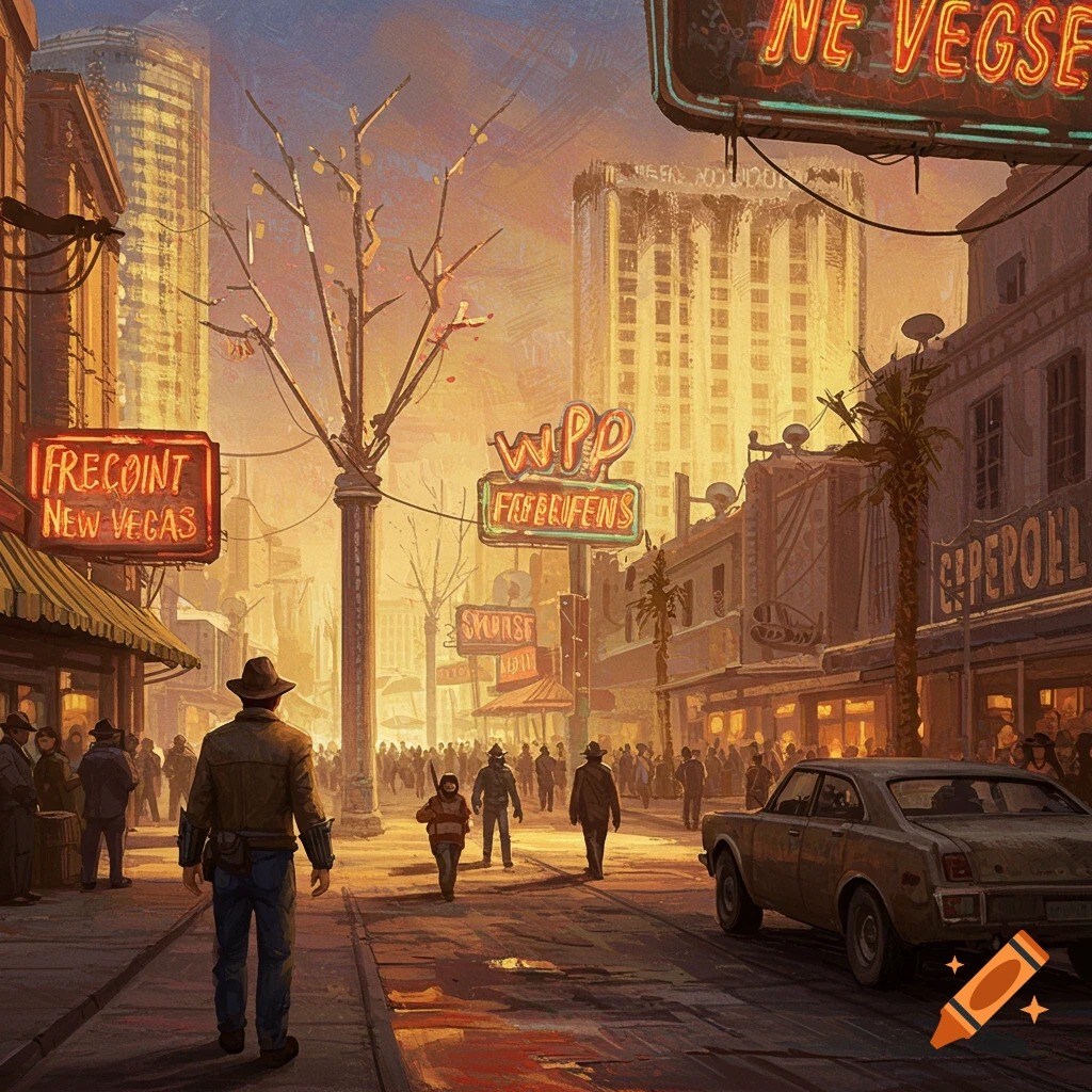 A retro-futuristic post-apocalyptic street scene with glowing neon signs, people walking, and a car.