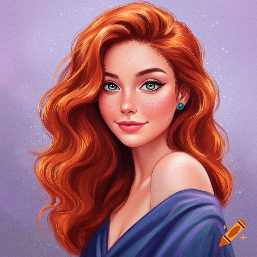 A young woman with long red hair, green eyes, and freckles.